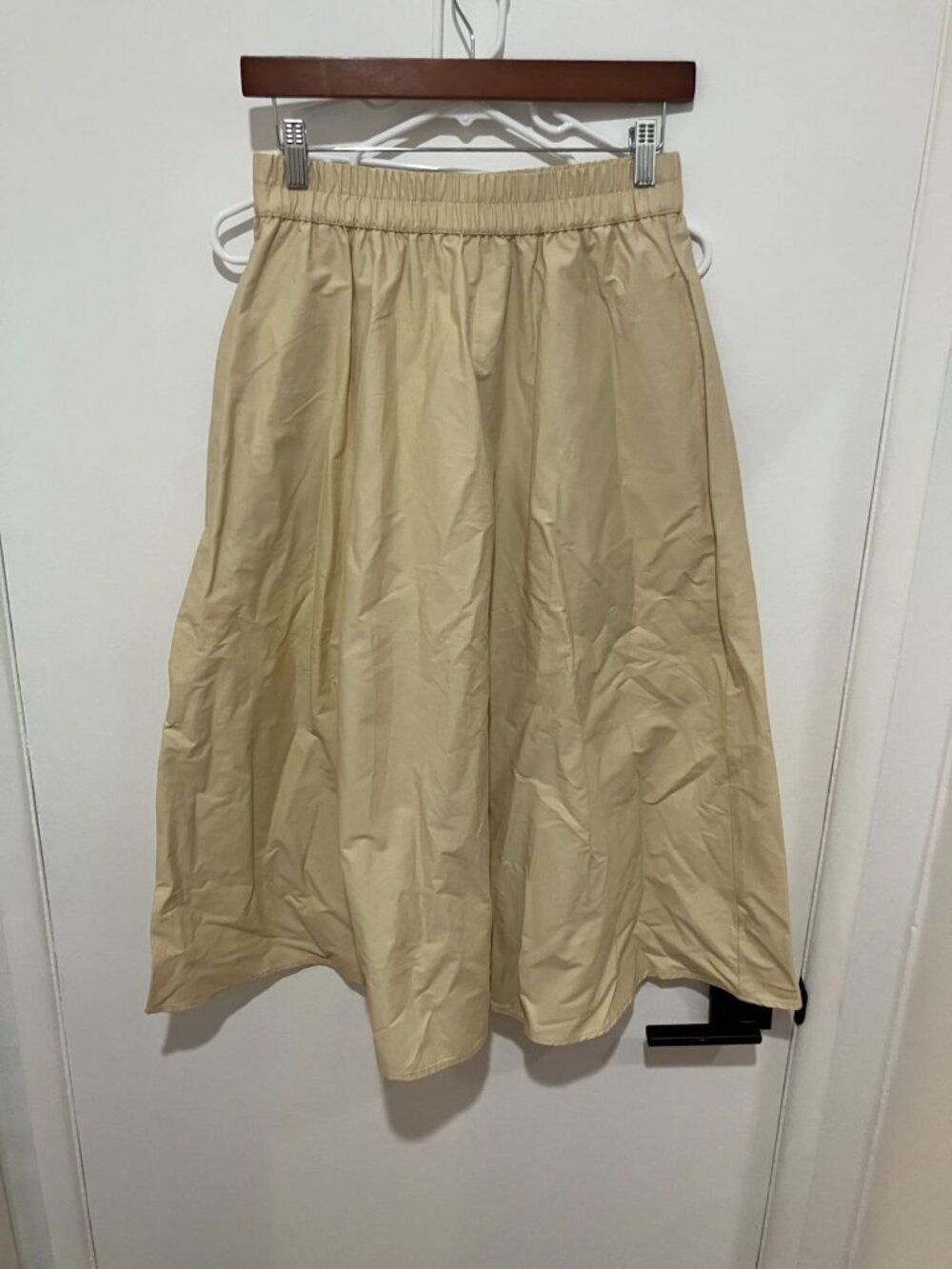A New Day Beige Poplin Midi Skirt Elastic Waist Flared A-Line Pleated Tan Small
